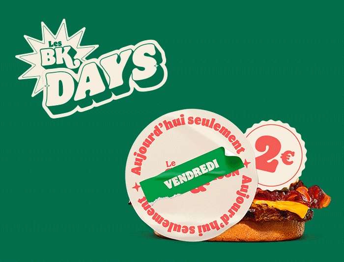 Sélection d'offres promotionnelles (burgers, glaces, menus,...) différentes chaque jour - Ex : [20/11] 1 menu M + 1 menu King Junior