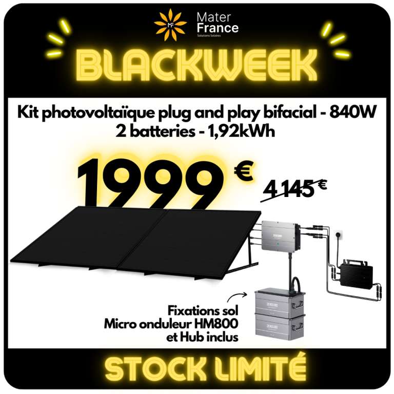 Kit photovoltaïque (solaire) plug and play bifacial 840W + 2 batteries 1,92kWh (materfrance.fr)