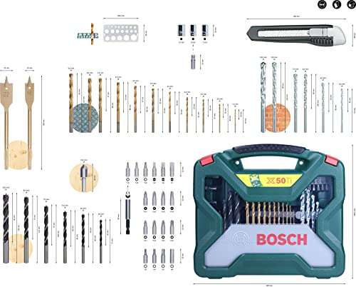 Ensemble de forets et de tournevis en titane X-Line Bosch Accessories - 50 pièces (pour bois, pierre et métal, accessoires perceuses)
