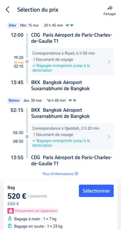 Vol A/R Paris(CDG) <-> Bangkok (BKK) - Du 15 au 30 Mai (2 bagages en soute de 23 kg) - via application Trip