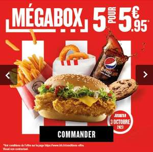Megabox KFC: Burger Crispy Cheese ou Fish + Moyenne Frites + Boisson 25cl + Mini Cookie + 2 Onion Rings