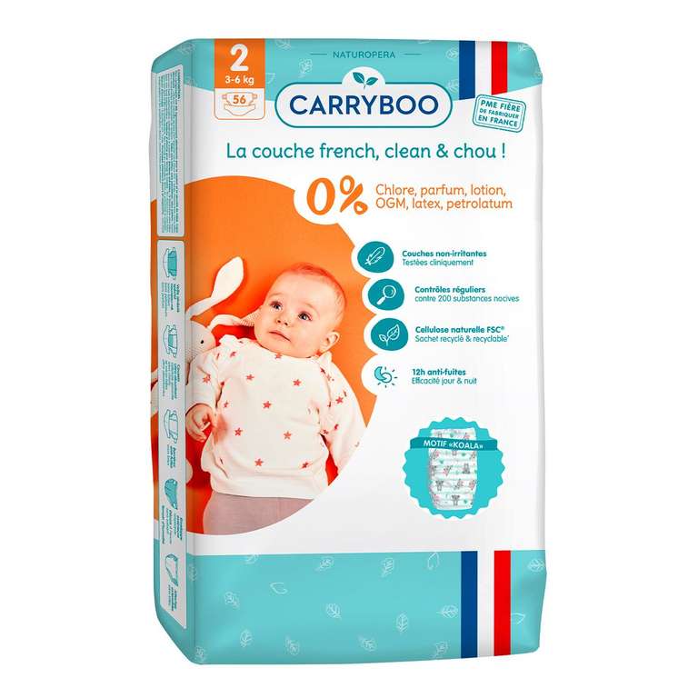 Paquet de 56 Couches Dermo-Sensitives Carryboo - Plusieurs Tailles Disponibles (via 12,25€ sur la carte fidélité)