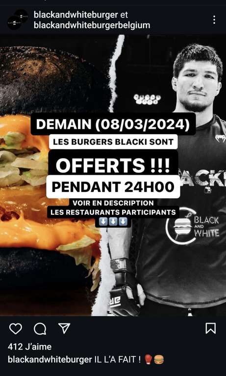 Burger Blacki offerts - Black and White burger (Sélection de villes)