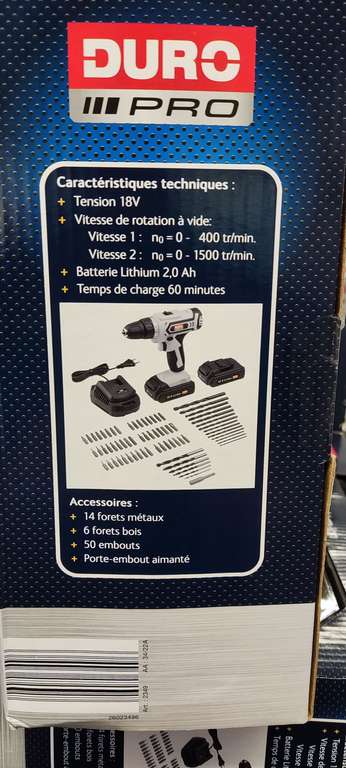 Coffret Perceuse sans fil Duro - 18V + 2 batteries - Sochaux (25)
