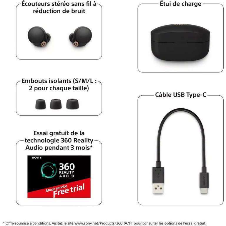 Ecouteurs intra-auriculaires sans fil à réduction de bruit active Sony WF-1000XM4 - noir ou argent