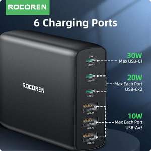 Chargeur USB Type C Rocoren Charge Rapide PD, Multiple 6 Ports, Station de Charge de Bureau pour iPhone 14, 13 Pro, Xiaomi POCO, 100W