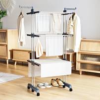 Séchoir à linge à 4 niveaux Kingsaid - pliable, 18 m d'espace de séchage, cintre à linge, 6 roulettes (Vendeur Tiers)