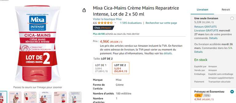 Lot 2x50ml tubes crème mains reparatrice intense Mixa Cica-Mains (via abonnement)