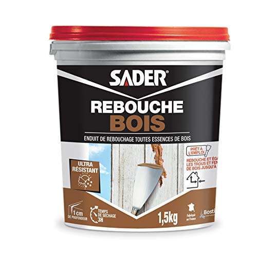 Rebouche Bois en Pâte Sader, Enduit de Rebouchage Extérieur et Intérieur, Couleur Bois - 1.5 kg