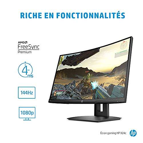 Écran PC incurvé 24" HP X24c - 144 Hz, 4 ms, Full HD, Dalle VA, FreeSync premium, Pied réglable