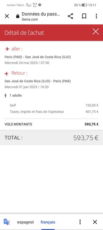 Vol aller/retour Paris (Orly) <-> Costa-Rica (SJO) - avec escale, du 24 mai au 7 juin, 1 bagage cabine inclus