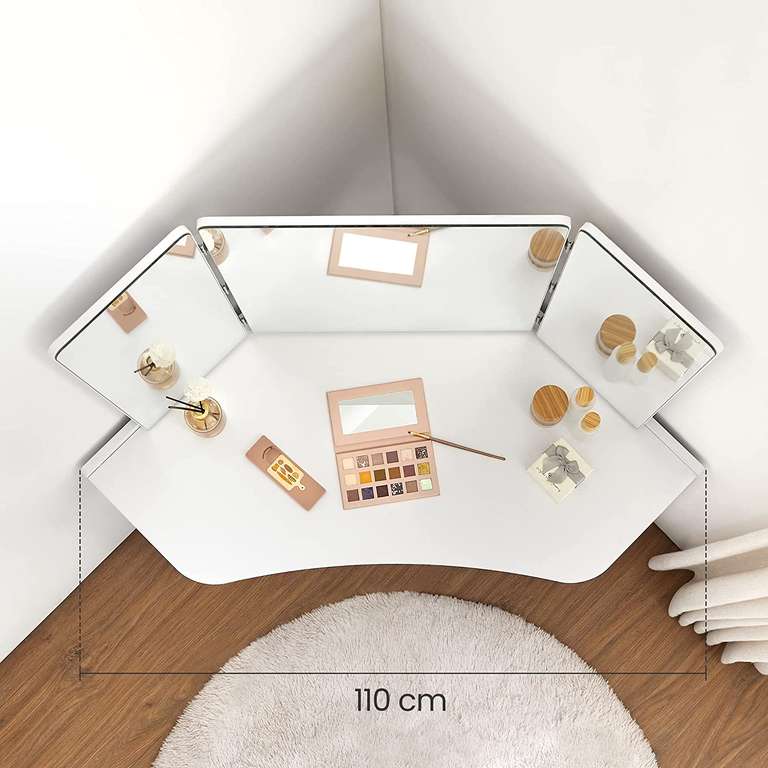 Coiffeuse d'angle avec triple miroir Vasagle RDT121T10 - 110 x 54 x 140 cm, 2 tiroirs, 3 compartiments, Coloris : Blanc