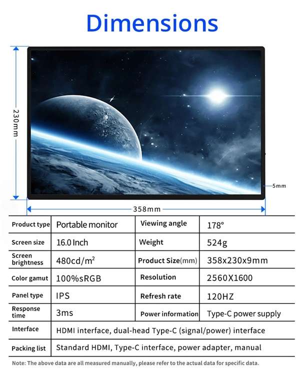 Écran portable 16" AOSIMAN 160QC - 2560 x 1600, 16:10, Dalle IPS, 120Hz, 3ms, 100% sRGB, 480 Nits, HDR, FreeSync, VESA