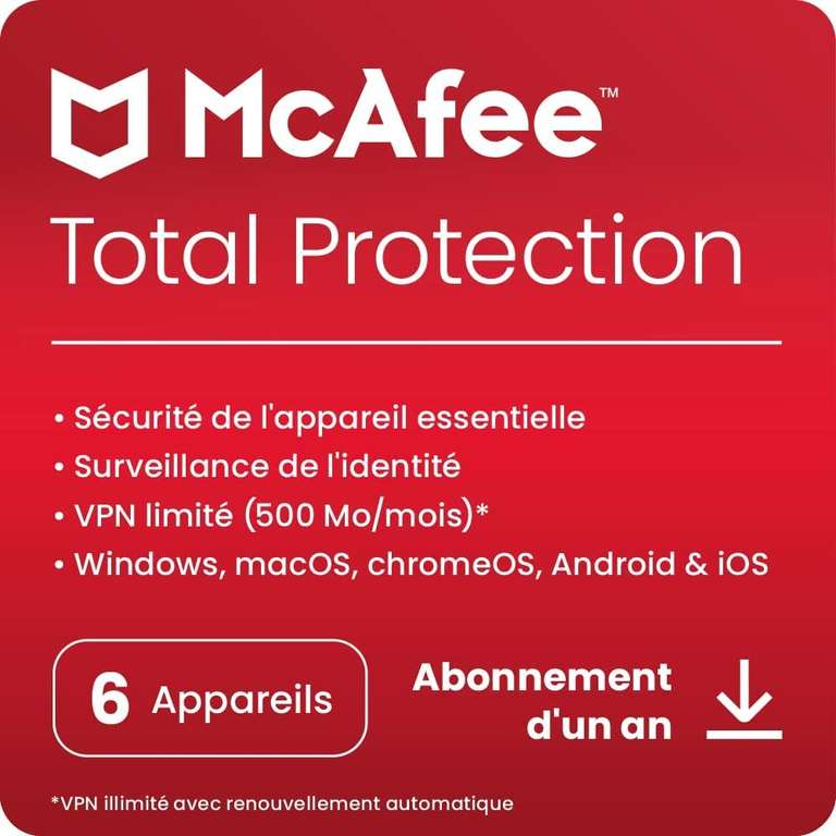 Abonnement 15 Mois Microsoft 365 Famille - 6 utilisateurs + 12 Mois McAfee Total Protection PC/MAC/Tablette/Smartphone (Dématérialisé)