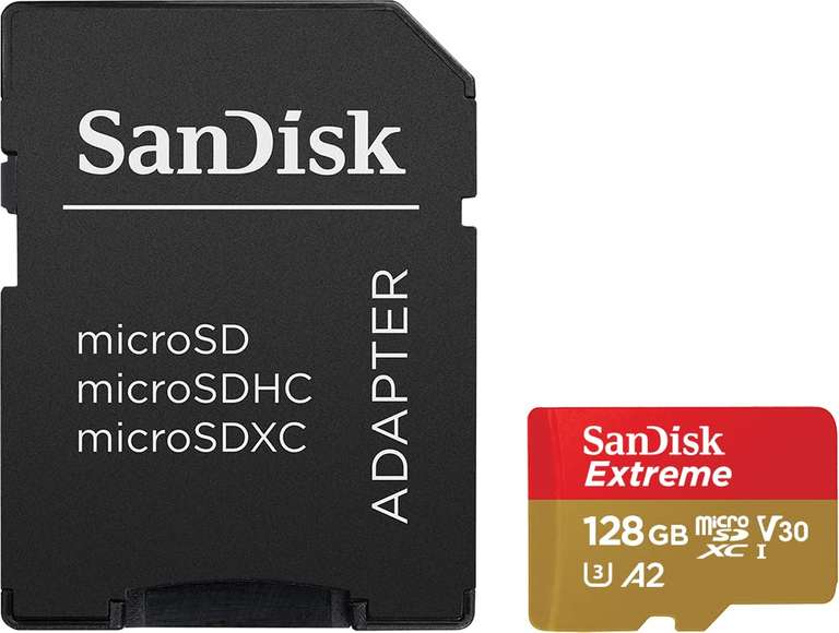 Carte Mémoire MicroSDXC SanDisk 128 Go + Adaptateur SD - Performances Applicatives A2 Jusqu'à 190 Mo/s, Classe 10, U3, V30