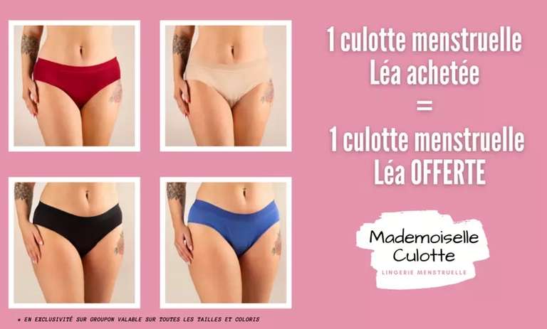 Bon pour 1 culotte menstruelle Léa achetée = 1 culotte mensturelle Léa offerte sur MademoiselleCulotte.com
