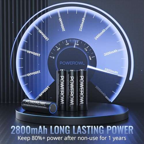12 Piles Rechargeables AA Powerowl 2800m Ah 1,2 v Ni-Mh Batterie Rechargeable | 1200 Cycles