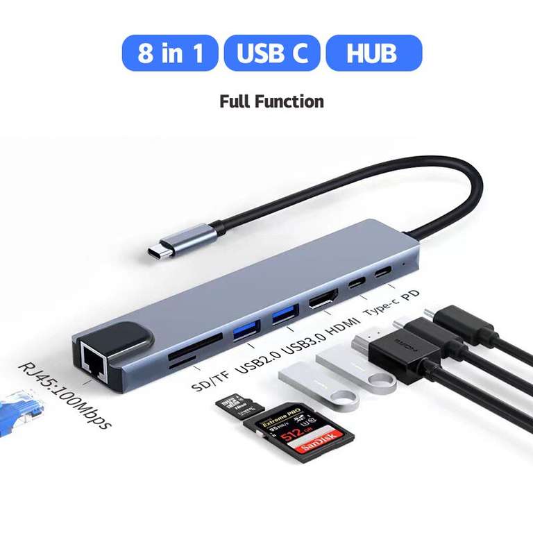 Hub USB C 3.1 8 en 1 Airies - Ports USB 3.0 et 2.0, USB PD 87W, HDMI 4K, RJ45, Lecteur de carte SD/TF