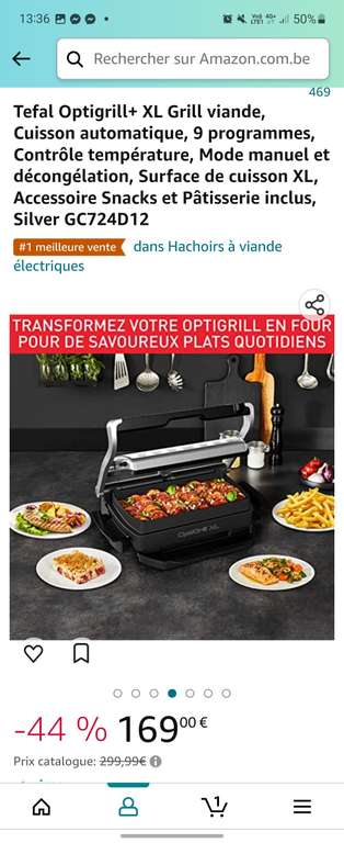 Grill viande Tefal Optigrill+ XL GC724D12 - surface de cuisson XL, accessoire Snacks et Pâtisserie inclus (Frontaliers Belgique)