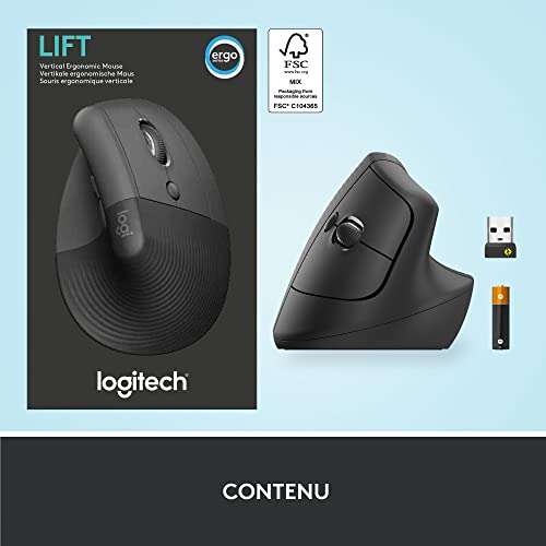 Souris verticale ergonomique sans fil Logitech Lift - Récepteur USB Bluetooth