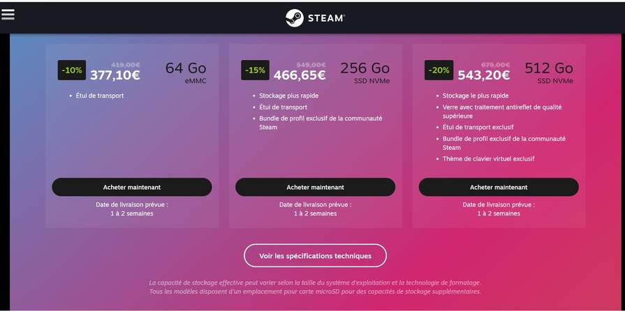 10 à 20% de réduction sur les consoles Steam Deck - Ex: Steam Deck 64 GO –
