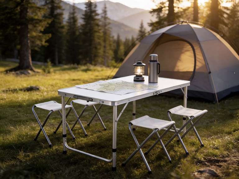 Ensemble Table De Camping SPRINGOS – 60x120 Cm Avec 4 Tabourets Pliants, Marron/Noir, Pliable Et Valise