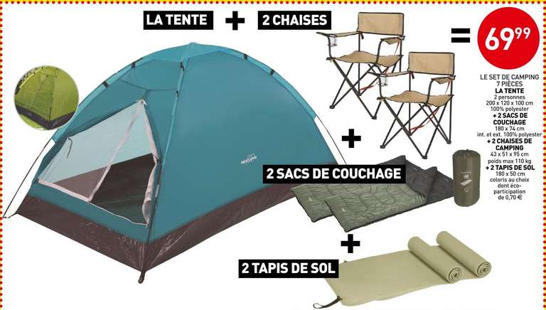 Set de camping - 2 chaises de camping + 2 sacs de couchage + 2 tapis de sol + tente 2 personnes (200x120x100 cm)