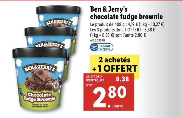 Lot de 3 pots de crème glacée Ben & Jerry's Chocolate Fudge Brownie (3x408g)