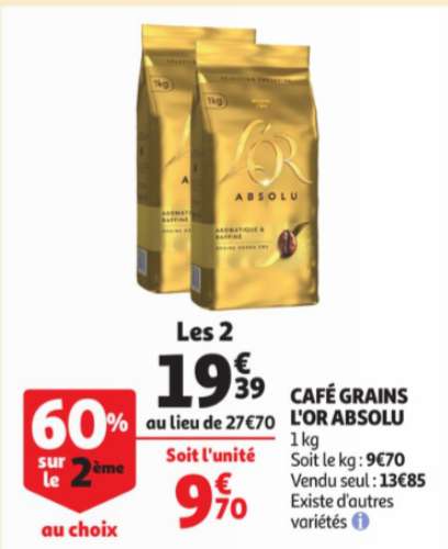Lot de 2 paquets de café en grains L'Or Absolu - 2 x 1 kg (sélection de magasins)