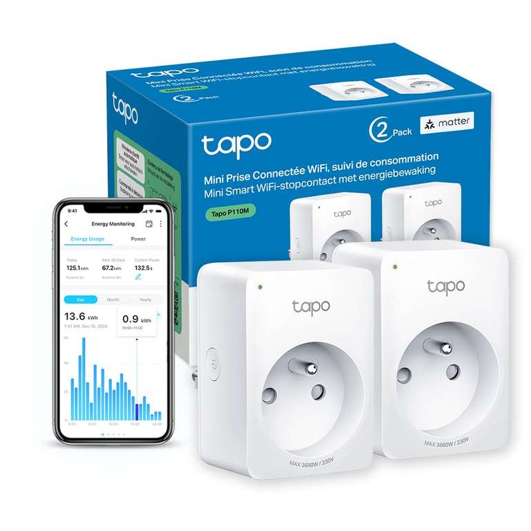 Tapo Matter Prise Connectée WiFi, Suivi de consommation, 16A Type E,  Compatible Alexa, Google Home et SmartThings, Tapo P110M 2-pack(FR) –