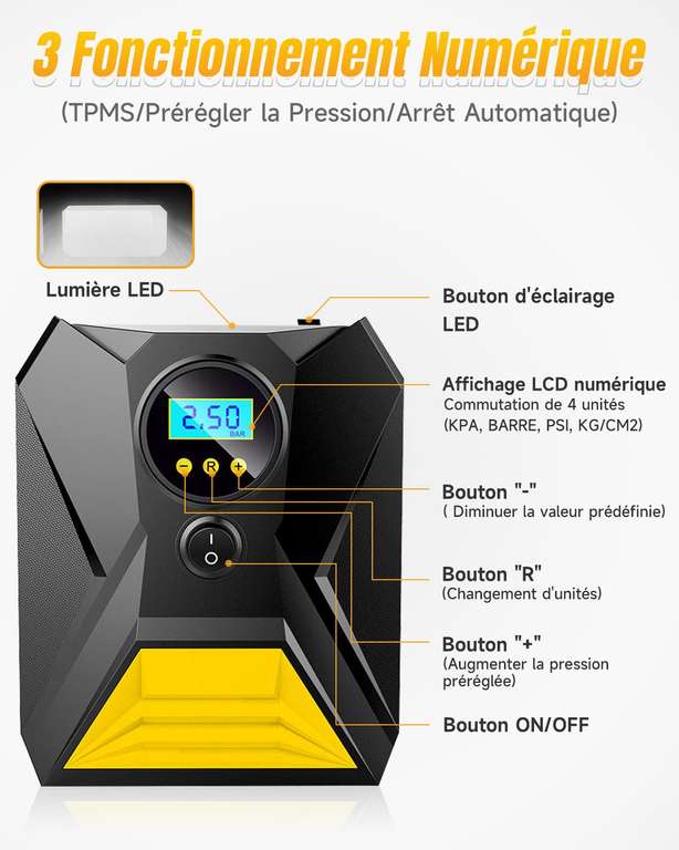 Compresseur air Voiture Portatif 12V - Affichage numérique , Gonfleur Pneus  Arrêt automatique avec Lampe LED