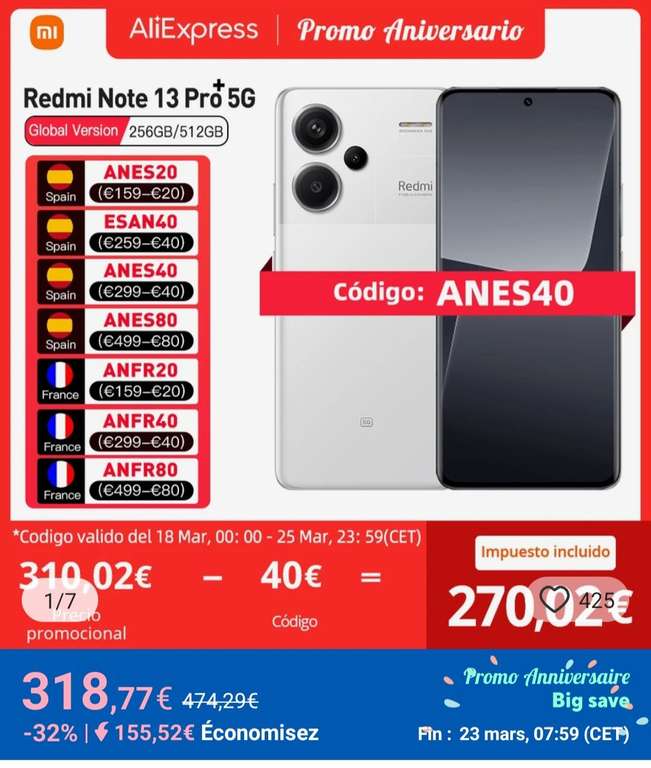 Smartphone 6.67" Xiaomi Redmi Note 13 Pro + 5G - 256 Go, 8Go RAM