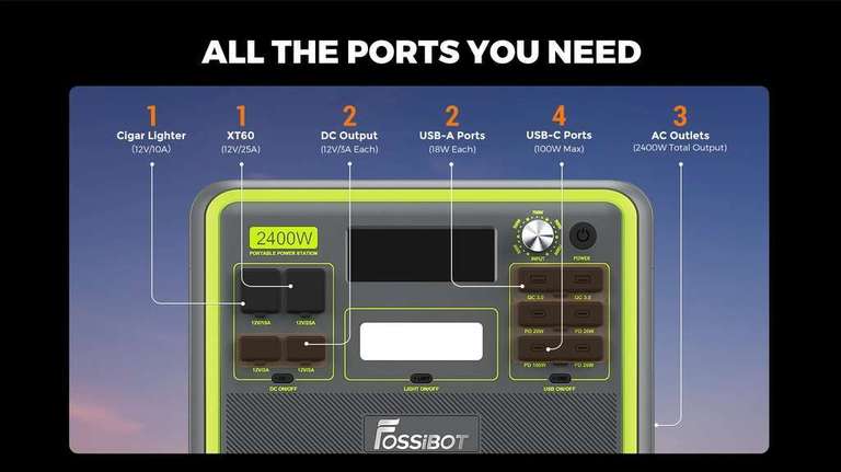Station électrique portable FOSSiBOT F2400 - 2400W, stockage 2048 Wh (Entrepôt EU)