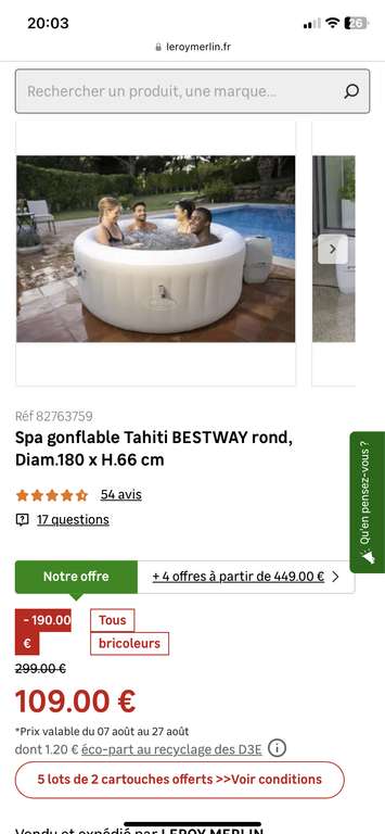 Spa gonflable Tahiti Bestway rond, Diam.180 x H.66 cm + 5 lots de cartouches - Gonesse (95)