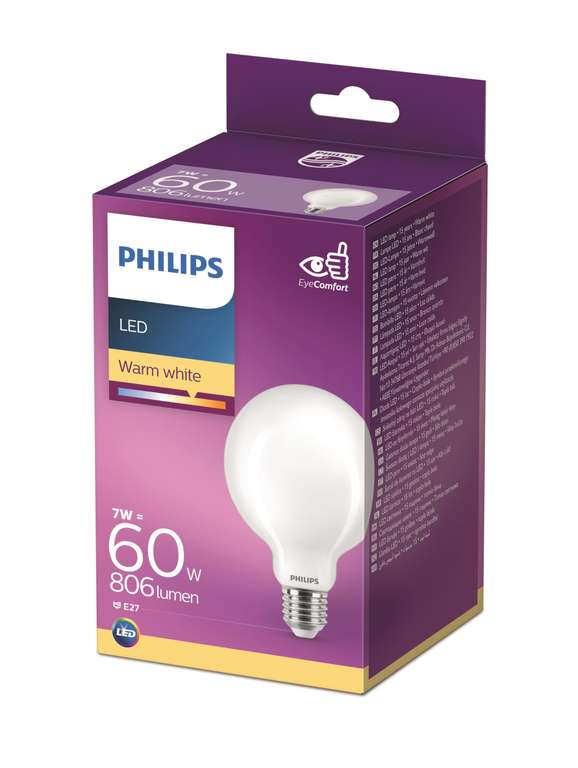 Ampoule Led Philips Lighting Globe 60W Blanc Chaud Dépolie, Verre