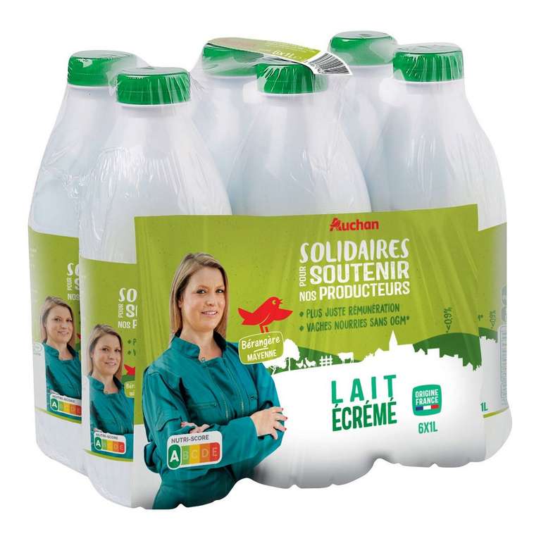 Pack de lait Auchan Solidaires Cultivons Le Bon Lait écrémé équitable UHT - 6x1L (Via 2,43€ sur Carte Fidélité) - Bagnolet (93)