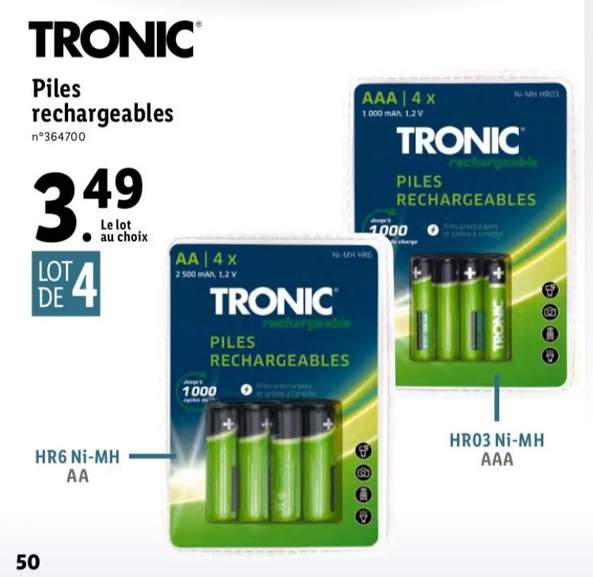 TRONIC® Piles rechargeables, AA/AAA, 1,2 V, 4 pièces