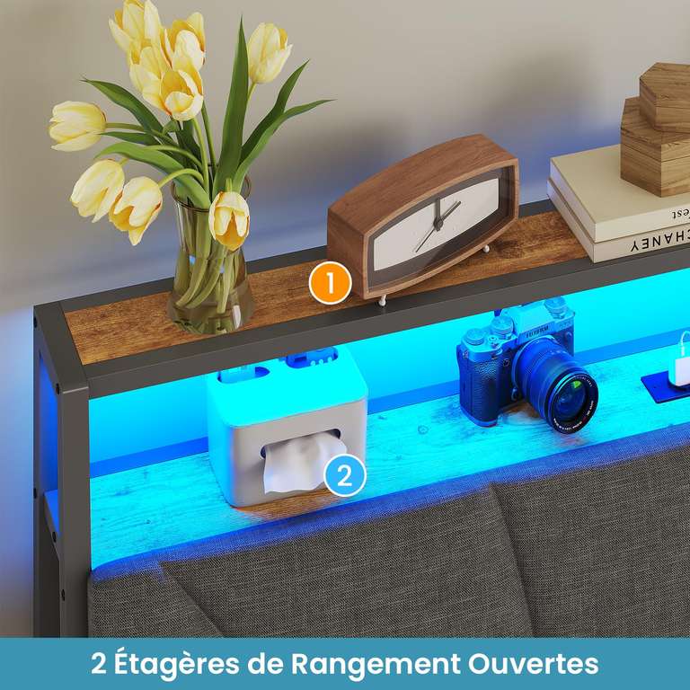 Cadre De Lit 140x190 Avec Sommier Métal, Lumières LED RGB, Multiprise Et Rangement - Blanc Moderne