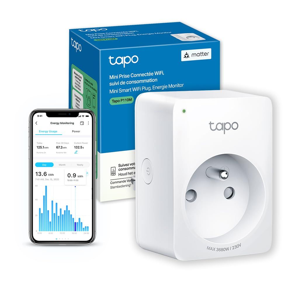 Prise connectée Matter TP-Link Tapo P110M - Suivi de consommation, 16A, Type E, Wi-Fi, Compatible Alexa/Google/Apple
