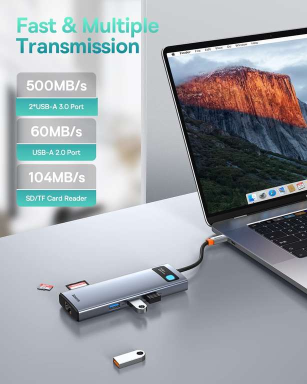 Hub USB-C Baseus 9 en 1 - HDMI 4k@120Hz + HDMI 4k@30Hz, 100W PD, lecteur de cartes SD/TF, 3 USB, LAN 1000 Mbps (Vendeur Tiers - via coupon)