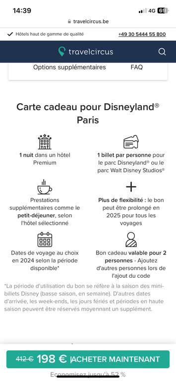 Carte cadeau pour Disneyland Paris 198€ Hotel + parc 2 personnes