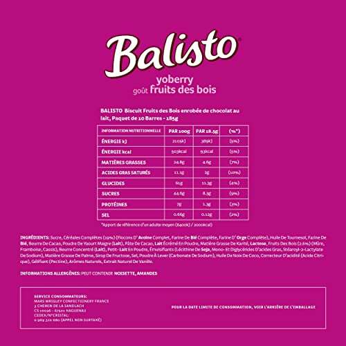 Paquet de 10 Barres Balisto - Fruits des Bois enrobée de chocolat au lait, 185g