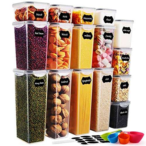 16 boîtes de conservation alimentaire hermétiques Tiastar - Plastique sans BPA avec couvercles étiquettes, marqueur + cuillère