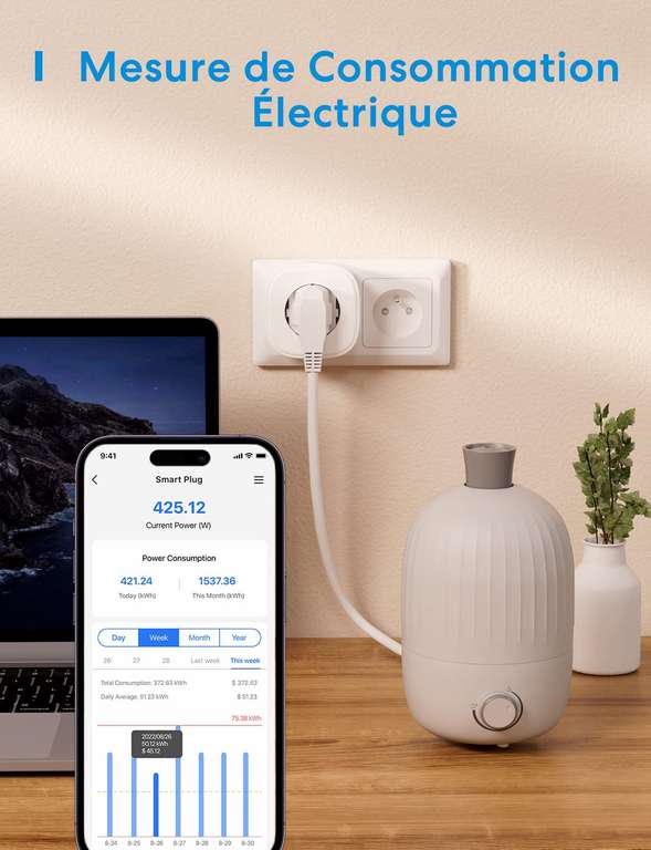 Multiprise Connectée WiFi, Intelligente 3 Prises 16A et 3 USB, Mesurer la  Consommation électrique, Compatible avec Alexa et Google Home, Fonction de