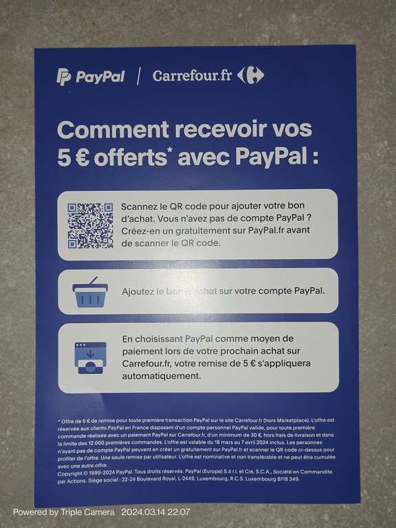 5€ de réduction dès 30€ d'achats sur Carrefour.fr avec Paypal (Offre limitée aux 12 000 premières commandes)