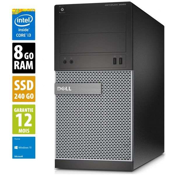 PC Fixe Dell Optiplex 3020 MT - Core i3-4130, 8 Go de RAM, 240 Go de SSD, Windows 10 Home, Garantie 1 an (Reconditionné - Grade B)