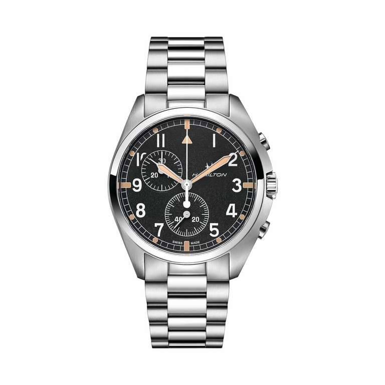 Montre Hamilton Khaki Pilot Pioneer quartz chronographe cadran noir bracelet acier 41 mm