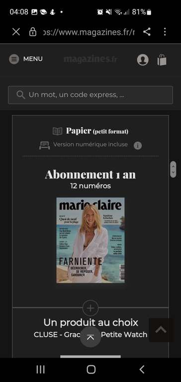 Montre cluse (2 coloris) + Abonnement 1an au magazine Marie Claire (Petit format)