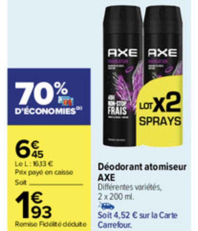 Lot de 2 déodorants Axe 2x200ml - Différentes variétés (Via 4,52€ sur la carte)