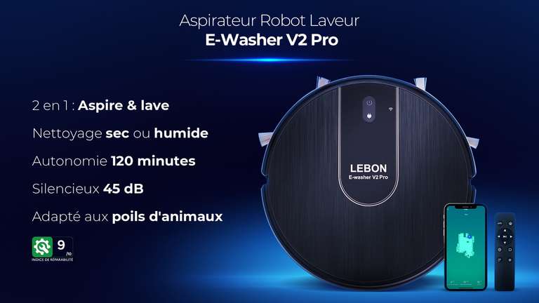 Aspirateur robot laveur E-Washer V2 Pro connecté - jusqu'à 120 minutes d'autonomie
